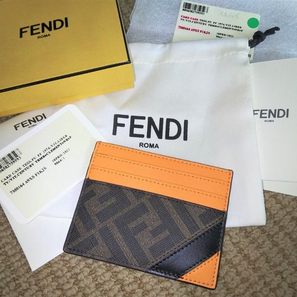 FENDI 'FF Logo w/ Orange Detail' Authentic Men's Canvas/Leather Card Holder NWT! - Picture 2 of 15